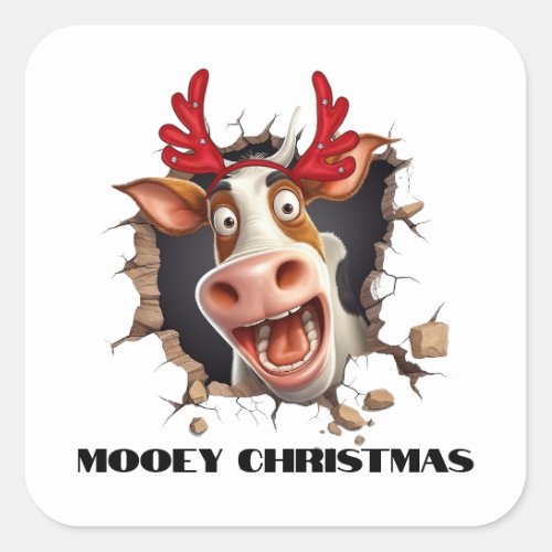 Funny cow face christmas cartoon mooey xmas square sticker