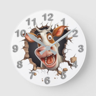 Funny cow face surprised look brown white farm round clock
