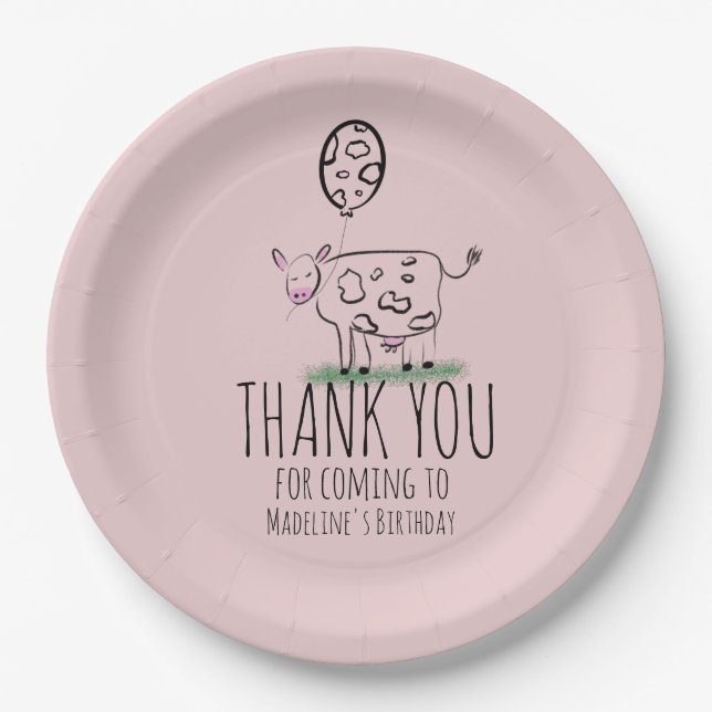 Funny Cow Farm Animal Birthday Party  Pink Paper Plates (Front)