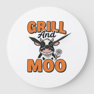 Funny Cow Grill And Moo Vintage T-Shirt Design_1 Large Clock