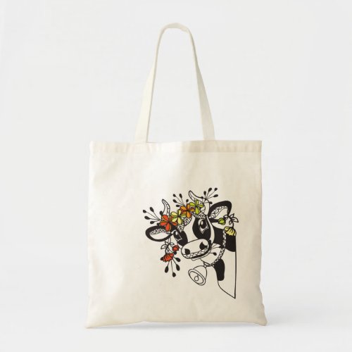 Funny cow head with flowers tote bag