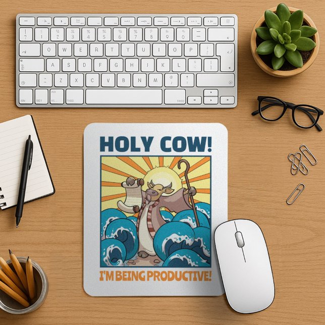 Funny Cow Holy Cow! I'm Being Productive! Cartoon Mouse Pad (Creator Uploaded)
