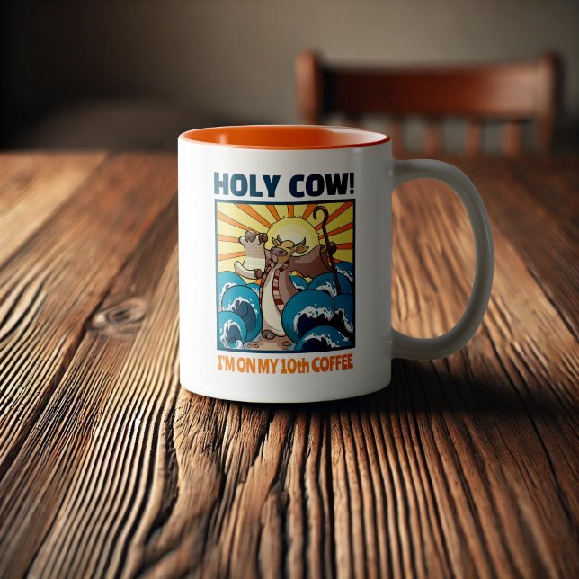 Funny Cow Holy Cow! I'm On My 10th Coffee Cartoon Two-Tone Coffee Mug (Creator Uploaded)