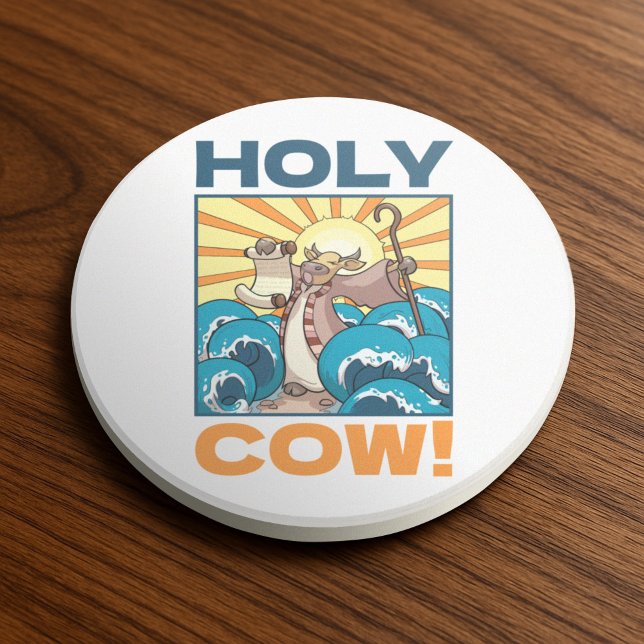 Funny Cow Holy Cow! Visual Pun Animal Cartoon Coaster (Creator Uploaded)