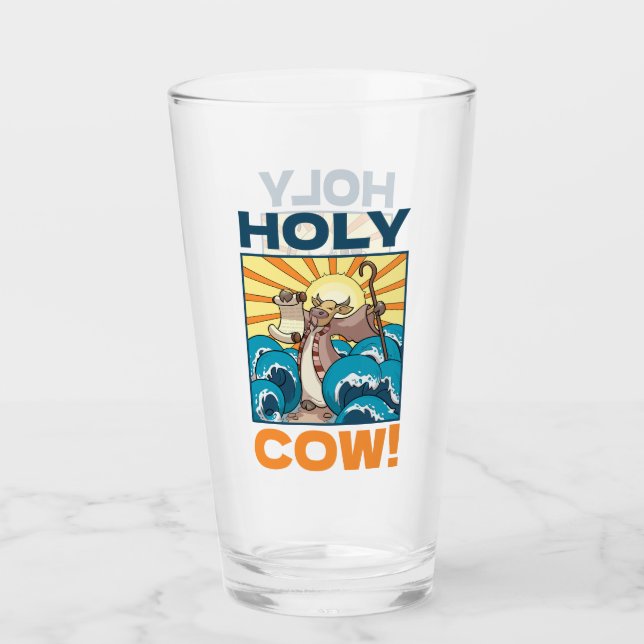 Funny Cow Holy Cow! Visual Pun Animal Cartoon Glass (Front)