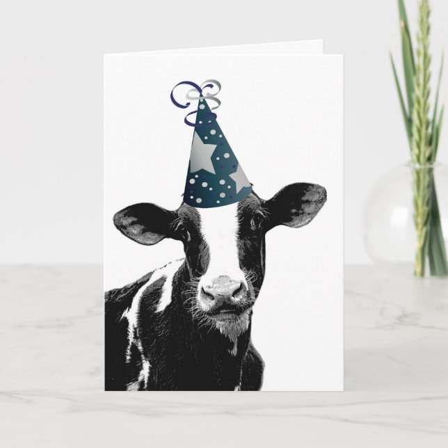 Funny Cow in Party Hat wants to Celebrate Card (Front)