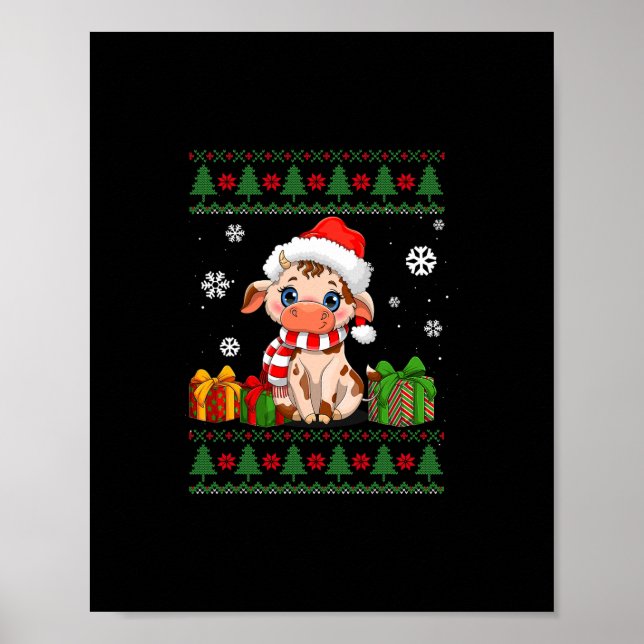 funny cow lovers cute cow santa hat ugly christmas poster (Front)