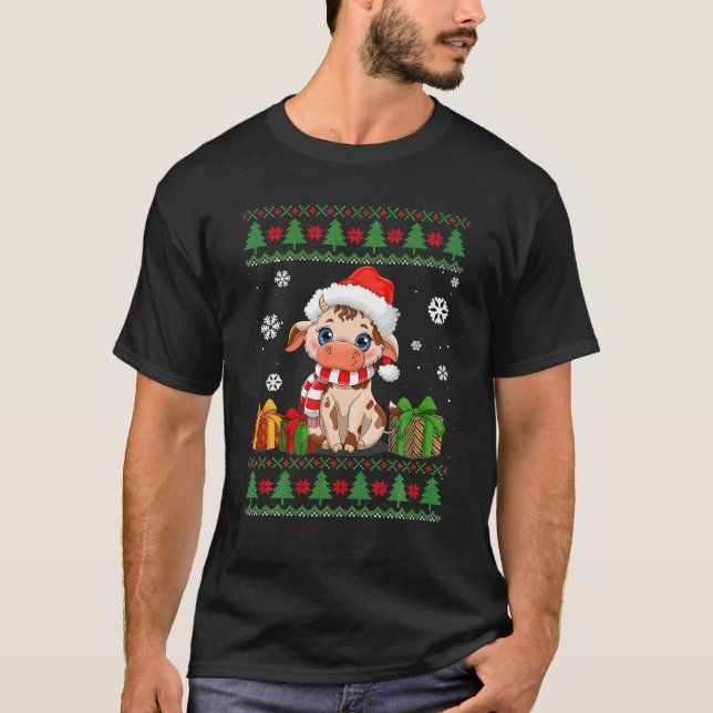 Funny Cow Lovers Cute Cow Santa Hat Ugly Christmas T-Shirt (Front)
