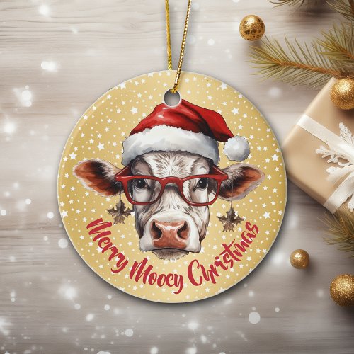 Funny Cow Mooey Christmas Gold Star Background Ceramic Ornament