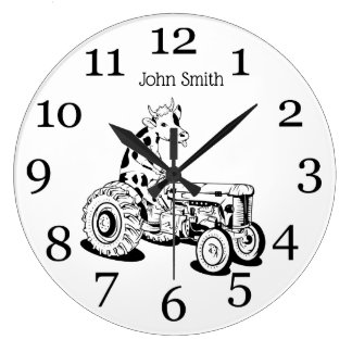 Funny cow on a tractor large clock