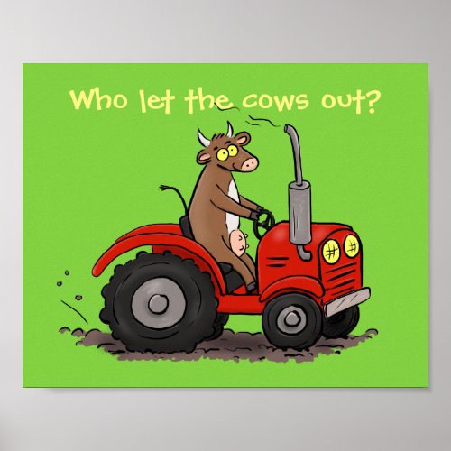 Funny cow on red tractor cartoon illustration poster