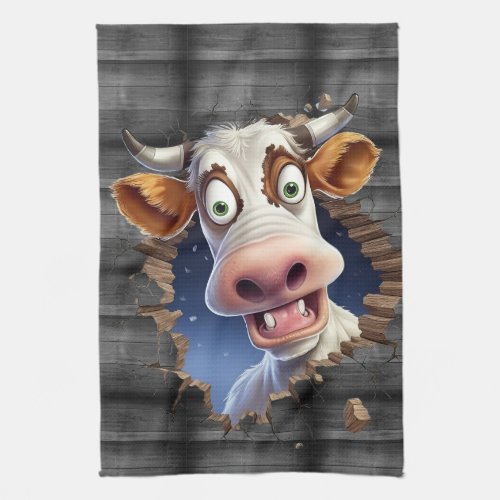 Funny cow peeking cartoon farmyard animals cute kitchen towel