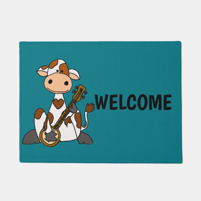 Funny Cow Playing Banjo Cartoon Doormat (Front)