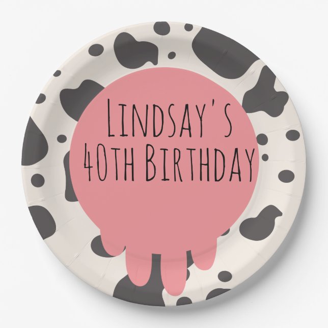 Funny Cow Print Adult Party 40th Birthday   Paper Plates (Front)