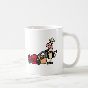 Funny Cow Pushing Red Lawn Mower Cartoon Coffee Mug