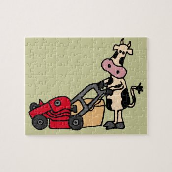 Funny Cow Pushing Red Lawn Mower Cartoon Jigsaw Puzzle by tickleyourfunnybone at Zazzle