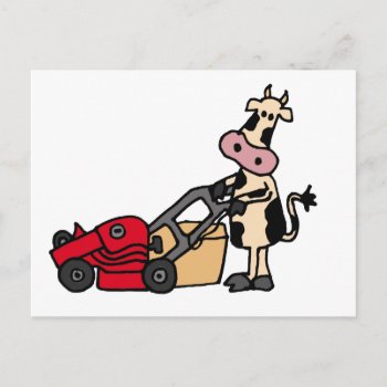 Funny Cow Pushing Red Lawn Mower Cartoon Postcard by tickleyourfunnybone at Zazzle