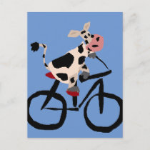 Funny Cow Riding Bicycle Art Postcard