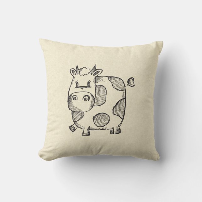 Funny Cow Sketch Throw Pillow (Front)