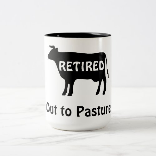 Funny Cow Theme Retirement Humor Out to Pasture Two_Tone Coffee Mug
