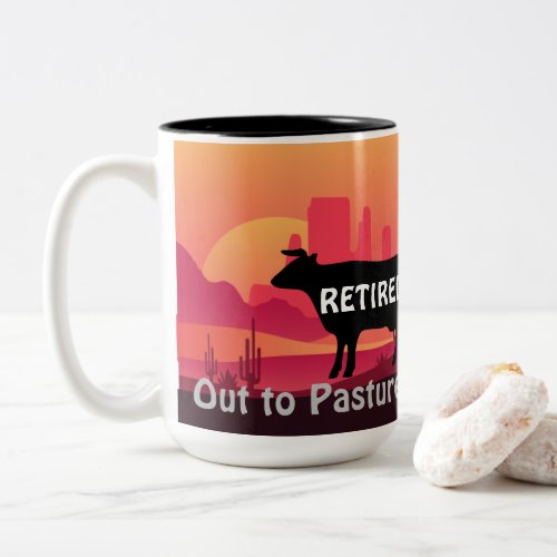 Funny Cow Theme Retirement Out to Pasture Western  Two_Tone Coffee Mug