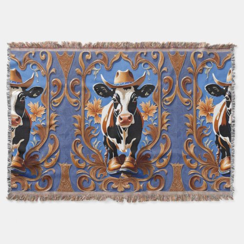 Funny Cow Wearing Cowboy Hat and Boots Throw Blanket
