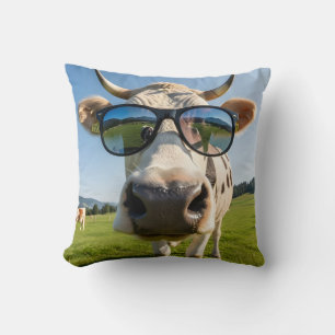 funny cow wearing sunglasses in mountain landscape throw pillow