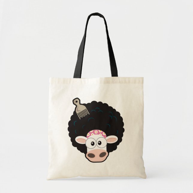 Funny Cow with an Afro and Comb on Pink Tote Bag (Front)