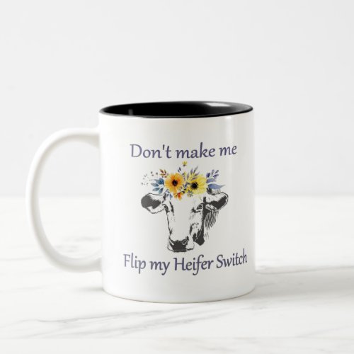 Funny cow with sunflowers Two_Tone coffee mug