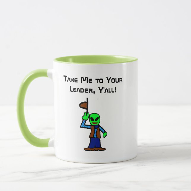 Funny Cowboy Alien Cartoon with UFO Abduction Mug (Left)