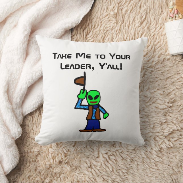 Funny Cowboy Alien Cartoon with UFO Abduction Throw Pillow (Blanket)
