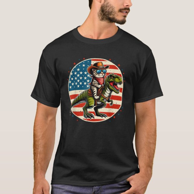 Funny Cowboy Cat Riding Dinosaur USA Flag T Rex Ch T-Shirt (Front)