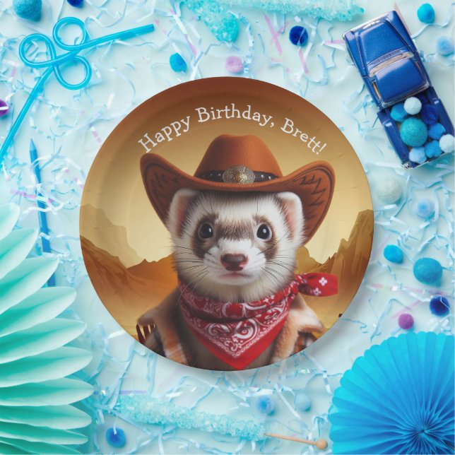 Funny Cowboy Ferret Western Style Birthday Paper Plates (Party)