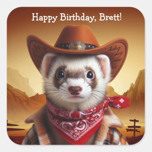 Funny Cowboy Ferret Western Style Birthday Square Sticker