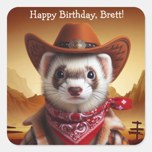 Funny Cowboy Ferret Western Style Birthday Square Sticker (Front)