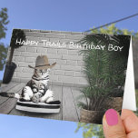 Funny Cowboy Hat Cat on a Vacuum Birthday Card<br><div class="desc">This template card cover features a funny gray and white cat wearing a cowboy hat riding a vacuum. Personalize the template text on the cover and inside greeting with your messages, delete the text or edit using the design too to select a font color, style, and size you like. It's...</div>
