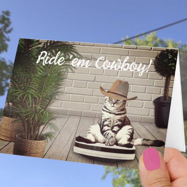 Funny Cowboy Hat Cat on a Vacuum Birthday Card (Creator Uploaded)