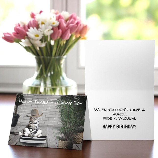 Funny Cowboy Hat Cat on a Vacuum Birthday Card (funny birthday greeting card template cover and inside)