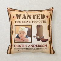 Funny Cowboy Photo Wanted Poster Baby Birth Stats Throw Pillow