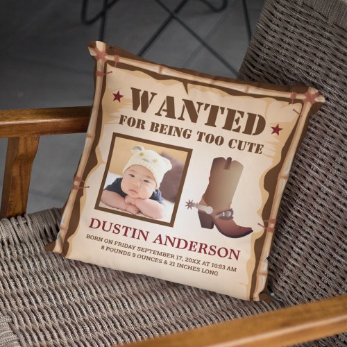 Funny Cowboy Photo Wanted Poster Baby Birth Stats Throw Pillow