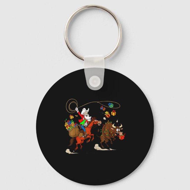 Funny Cowboy Santa Christmas Holiday Western Style Keychain (Front)