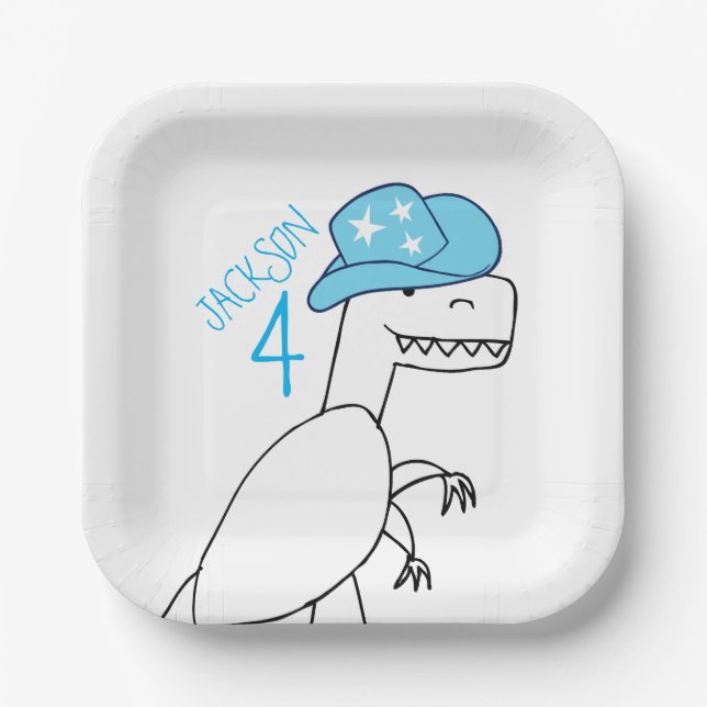 Funny Cowboy Trex Dinosaur Kids Birthday Paper Plates (Front)