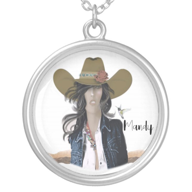 Funny Cowgirl, hummingbird silver plated necklace (Front)