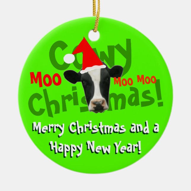 Funny Cowy Christmas Santa Cow Ceramic Ornament (Front)