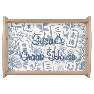 Funny Crack House Chinoiserie Blue White Mahjong Serving Tray