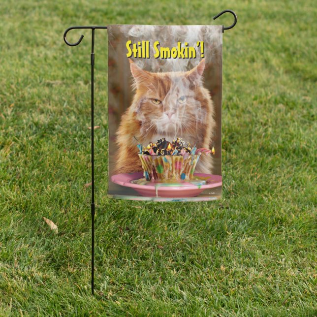 Funny Cranky Cat With Melted Birthday Cupcake Garden Flag (In SItu)