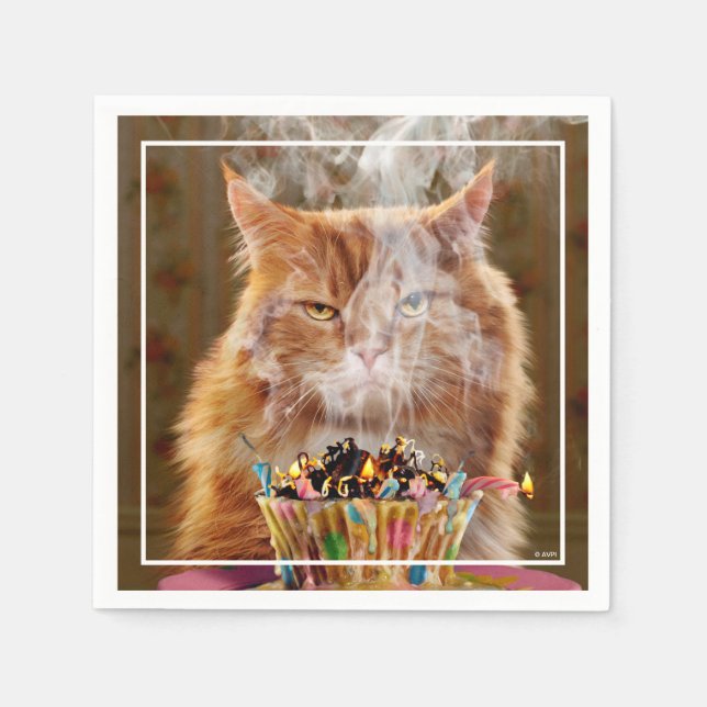 Funny Cranky Cat With Melted Birthday Cupcake Napkins (Front)