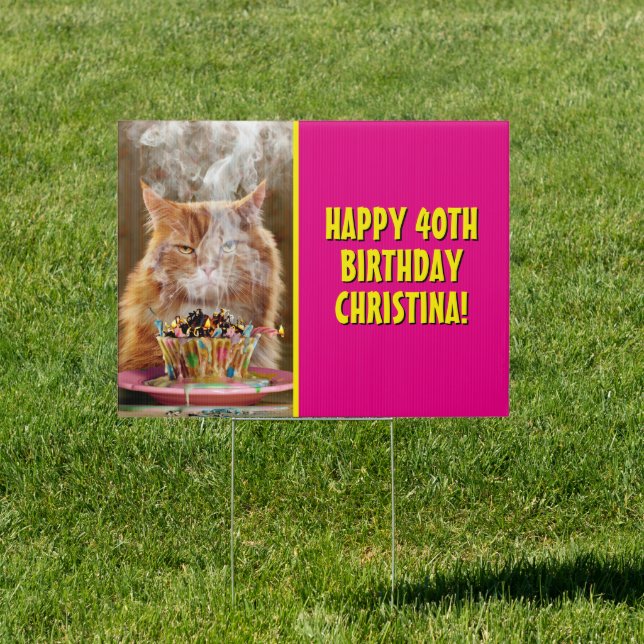 Funny Cranky Cat With Melted Birthday Cupcake Sign (Insitu)