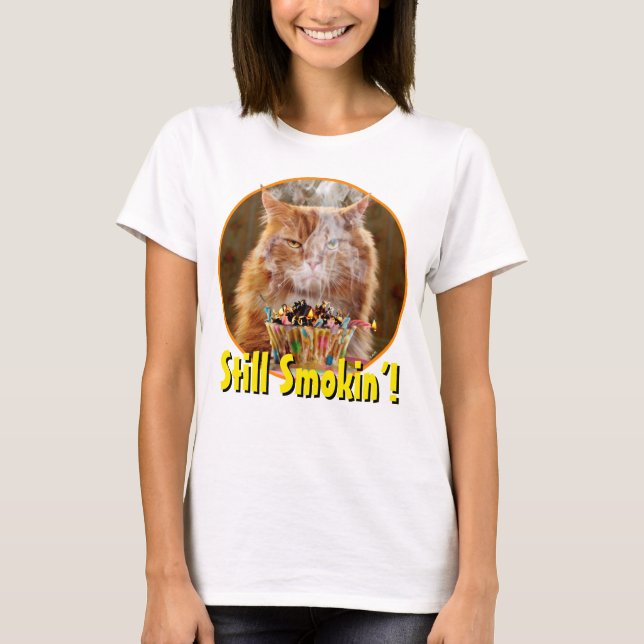 Funny Cranky Cat With Melted Birthday Cupcake T-Shirt (Front)