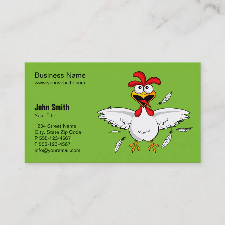 Funny Crazy Cartoon Chicken Green Background Business Card | Zazzle